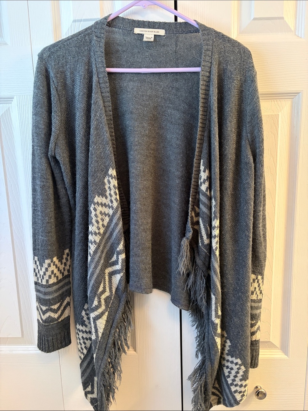 Canyon River Blues Gray Open-Front Fringe Cardigan Sweater - Women